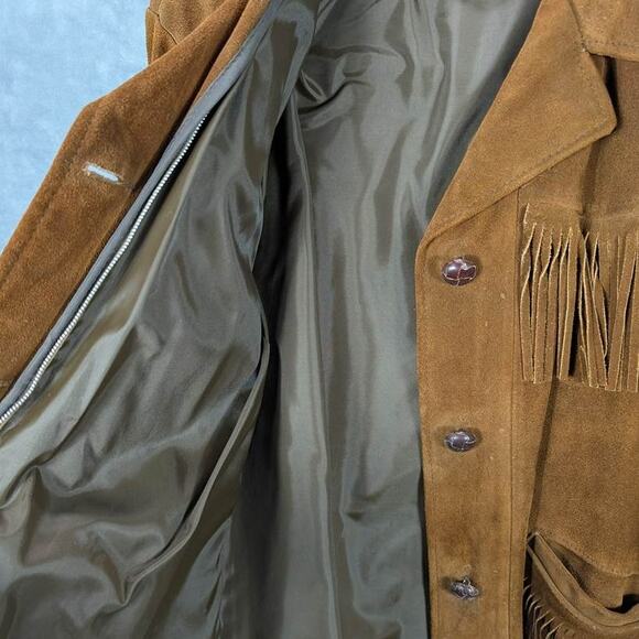 Vtg Suede Leather Jacket Womens Medium Tan Fringe Button Nylon Lining Western - Picture 3 of 15